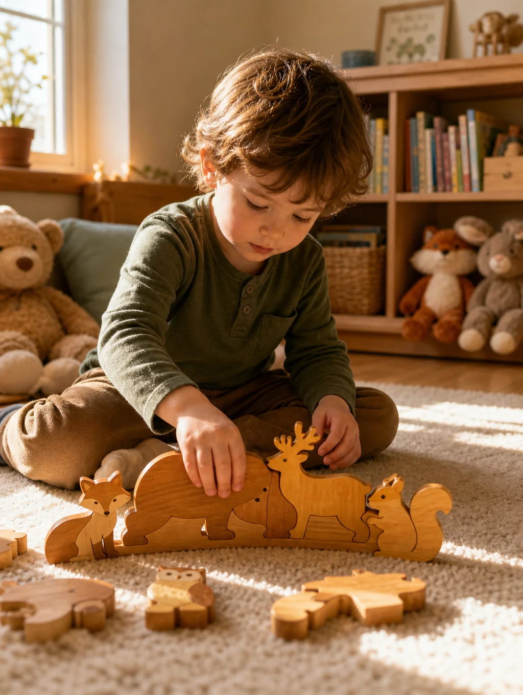 Child playing with wooden toys in modern sunny kindergarten